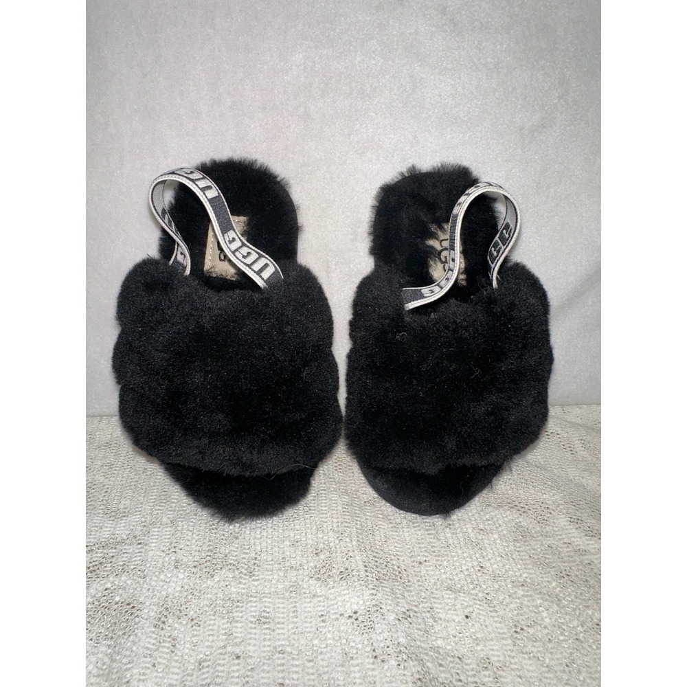 Kids UGG Black Fluffy Furry Slides‎ Slippers Shoes Size 7 Toddler